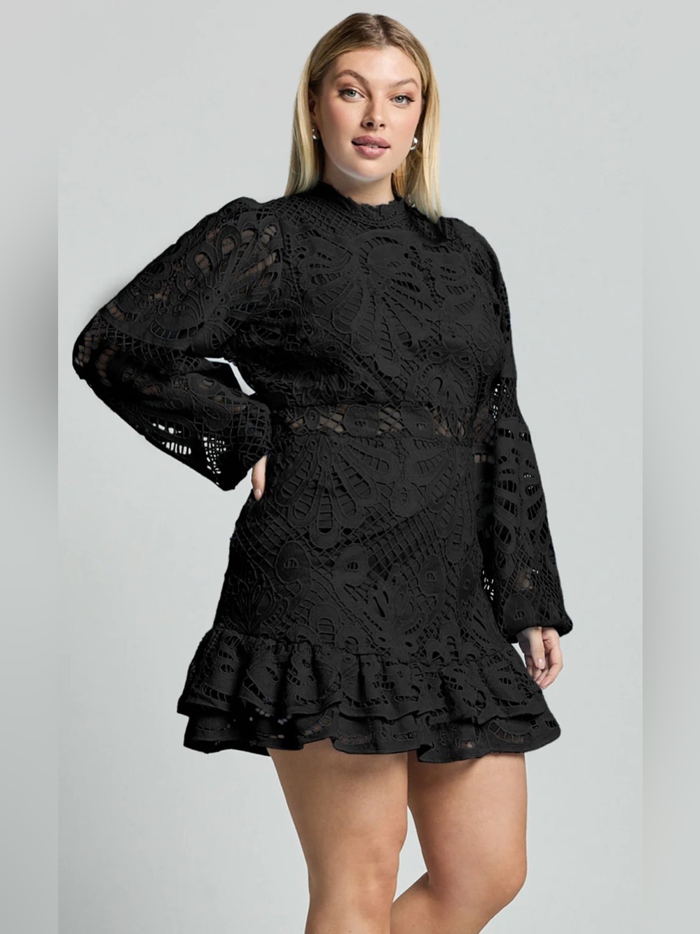 Showpo kiss me now lace long puff sleeve  mini in black - 14 nwt